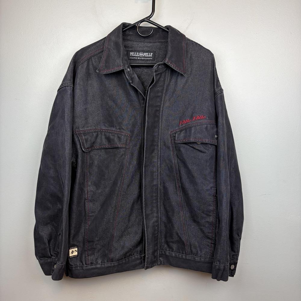 Pelle‎ Pelle Denim Jacket Mens XL Black City Slicker Hip Hop Full Zip Bomber